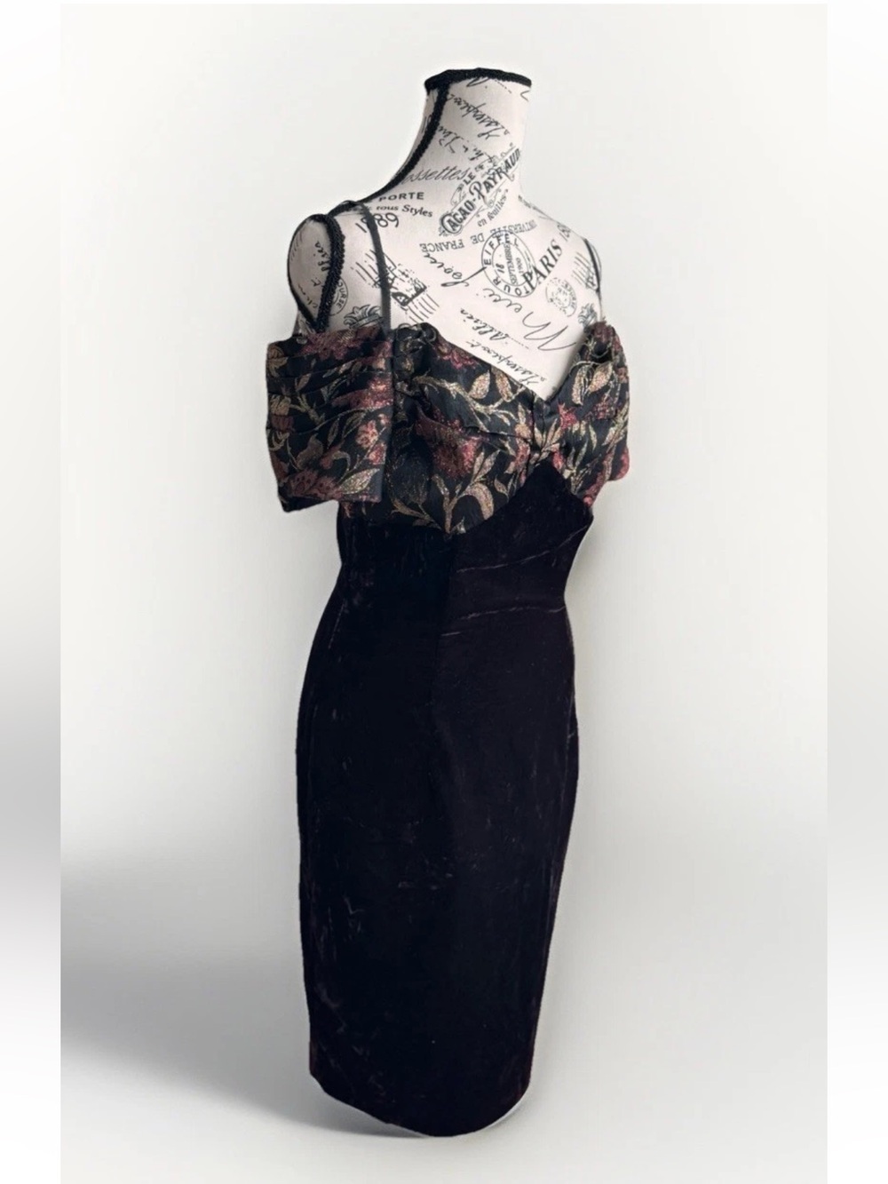 Scott McClintock Vintage 90's Black Velvet Off Shoulder Jaquard Cocktail Dress 8